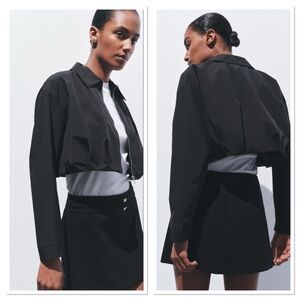 Zara Pleated Front Zip Cropped Jacket Sz:L Black